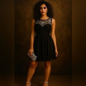 Elegant Black Sleeveless Dress,  Rhinestone Detail. Gathered Bodice. Size 8.